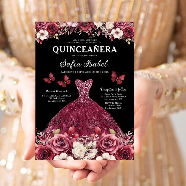 Floral Burgundy Gold Bilingual Spanish Quinceanera Invitation (Creator Uploaded)