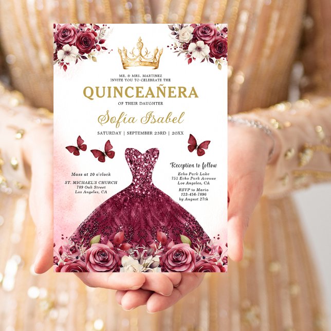 Floral Burgundy Gold Bilingual Spanish Quinceanera Invitation (Creator Uploaded)