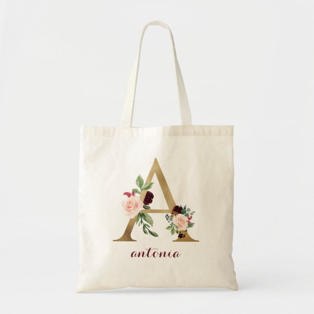 Floral Burgundy Gold Blush Personalised Letter "A" Tote Bag (Front)