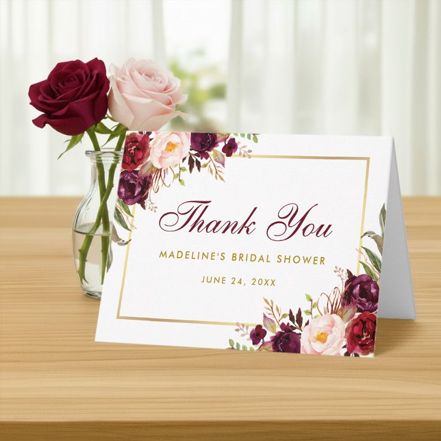 Floral Burgundy Gold Bridal Shower Thanks B Note Thank You Card (Customize to add text to inside of card.)