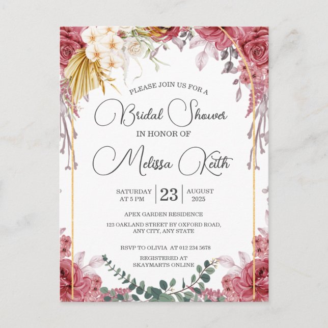Floral Burgundy Gold Eucalyptus Bridal Shower Postcard (Front)