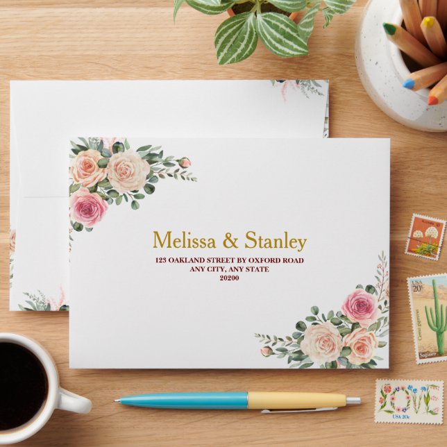 Floral Burgundy Gold Eucalyptus Wedding  Envelope (Desk)