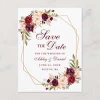 Floral Burgundy Gold Frame Save the Date