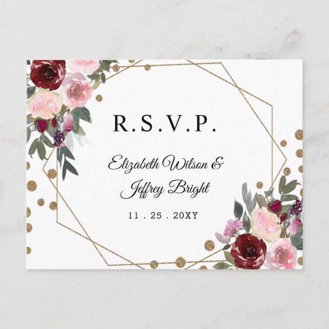 Floral Burgundy Gold Glitter Geometric RSVP  Invitation Postcard (Front)