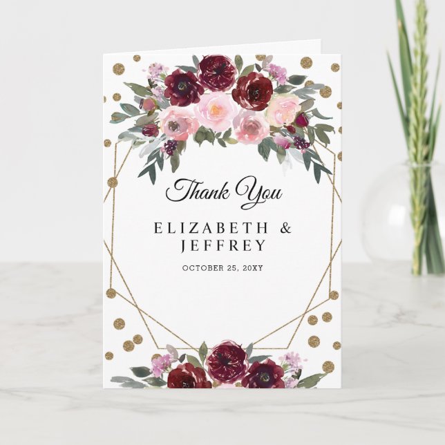 Floral Burgundy Gold Glitter Geometric Thank You  Card (Front)
