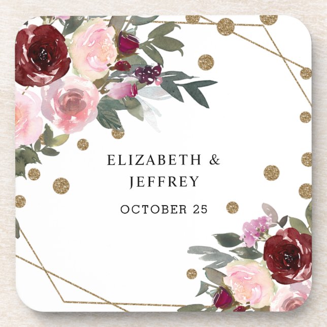 Floral Burgundy Gold Glitter Geometric Wedding Coaster (Front)