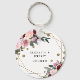 Floral Burgundy Gold Glitter Geometric Wedding Key Ring