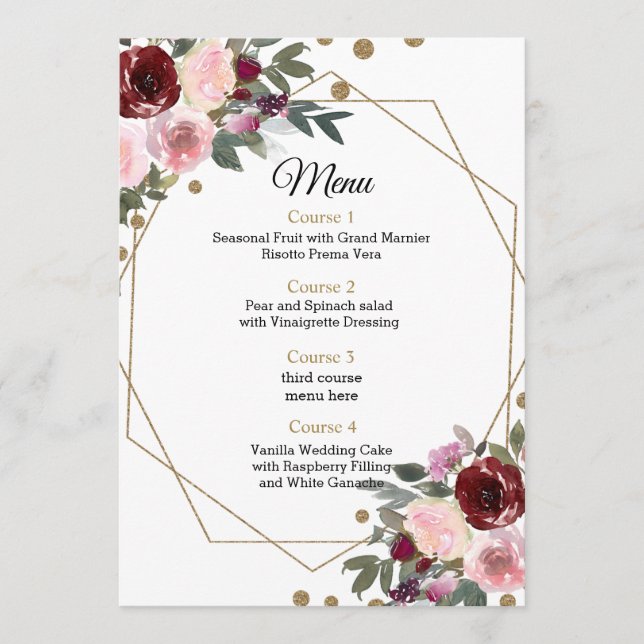 Floral Burgundy Gold Glitter Geometric Wedding Menu (Front)