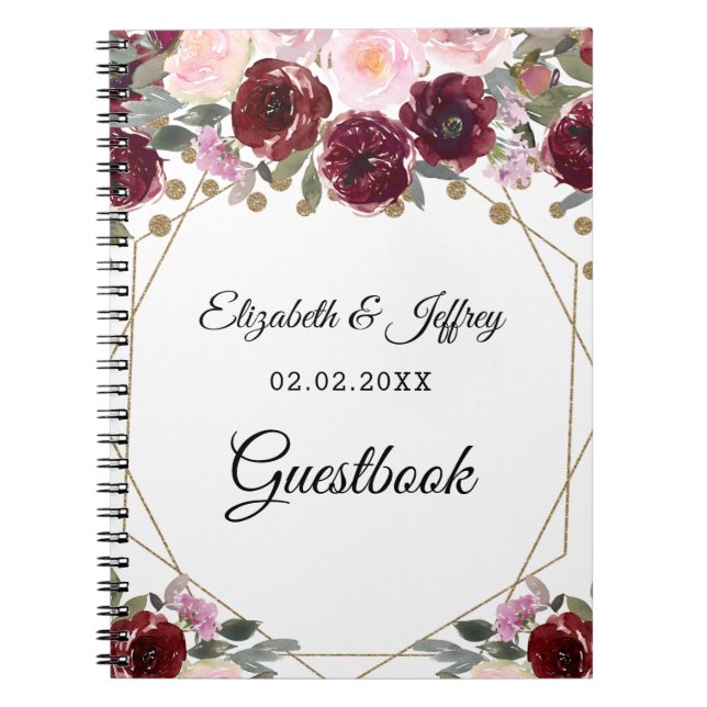 Floral Burgundy Gold Glitter Geometric Wedding Notebook (Front)