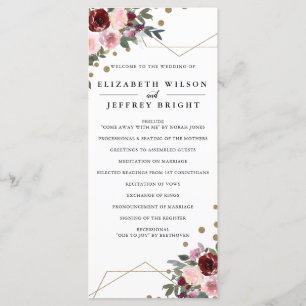 Floral Burgundy Gold Glitter Geometric Wedding Programme