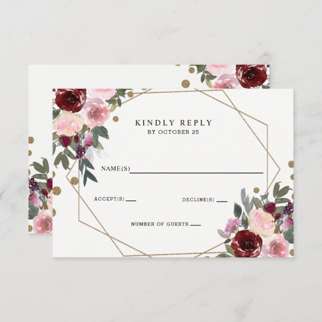 Floral Burgundy Gold Glitter Geometric Wedding RSVP Card (Front/Back)