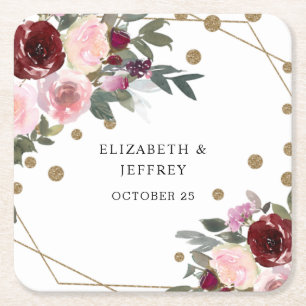 Floral Burgundy Gold Glitter Geometric Wedding Square Paper Coaster