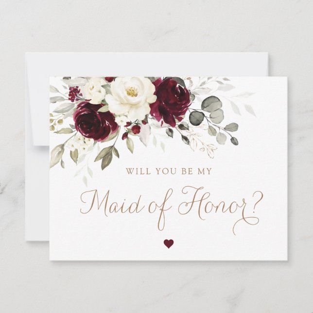 Floral Burgundy Gold Greenery Maid of Honour Card (Front)
