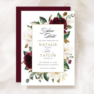Floral Burgundy Gold Magnolia Elegant Save Date Invitation