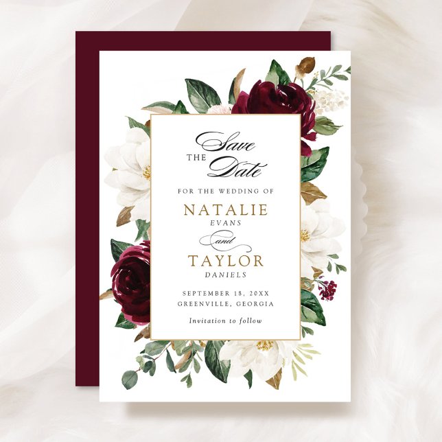 Floral Burgundy Gold Magnolia Elegant Save Date Invitation (Creator Uploaded)