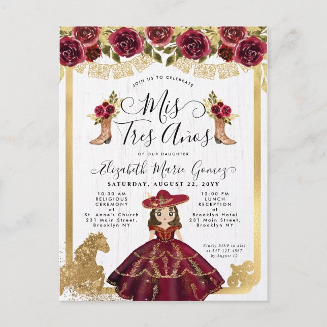 Floral Burgundy Gold Mini Princess Quinceanera Invitation Postcard (Front)