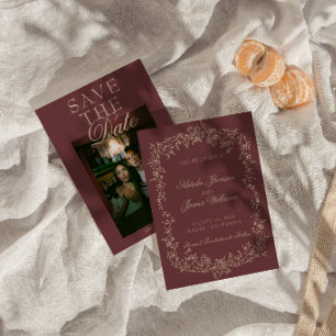 Floral Burgundy Gold Old Money Photo Wedding Save The Date
