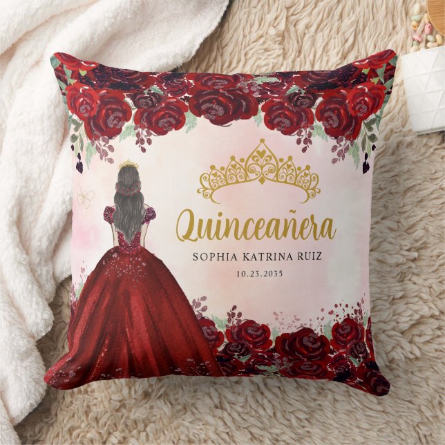 Floral Burgundy Gold Princess Tiara Quinceanera  Cushion (Blanket)