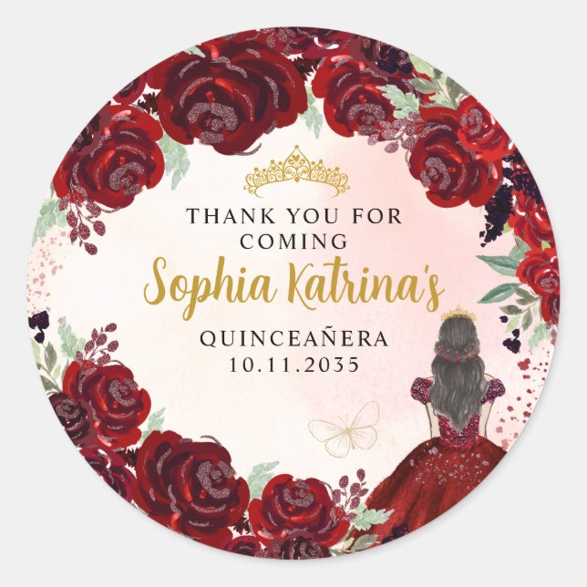 Floral Burgundy Gold Quinceanera Birthday Favour Classic Round Sticker (Front)