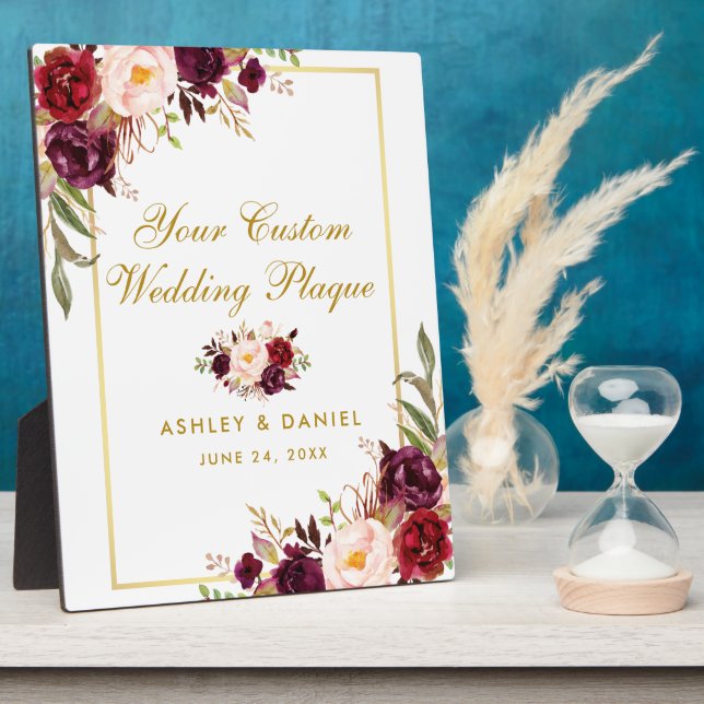 Floral Burgundy Gold Wedding Custom Table Plaque (Side)