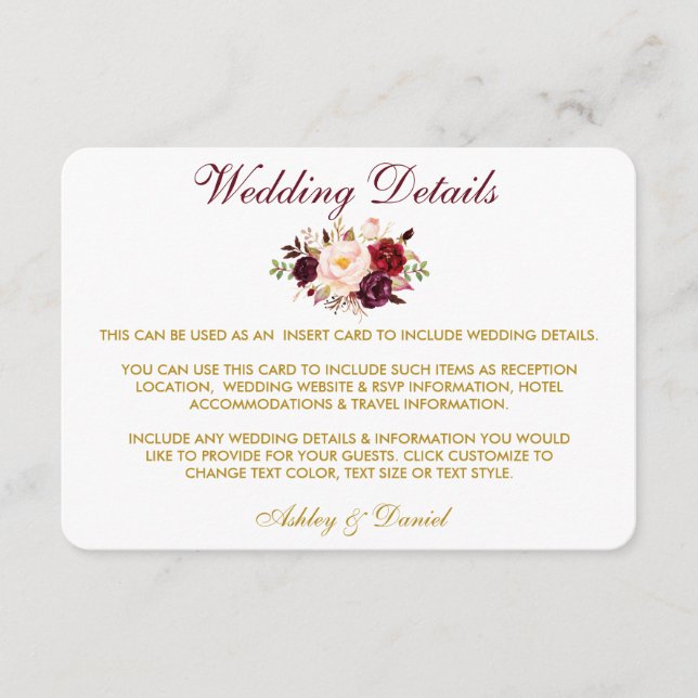 Floral Burgundy Gold Wedding Details Insert Card (Front)