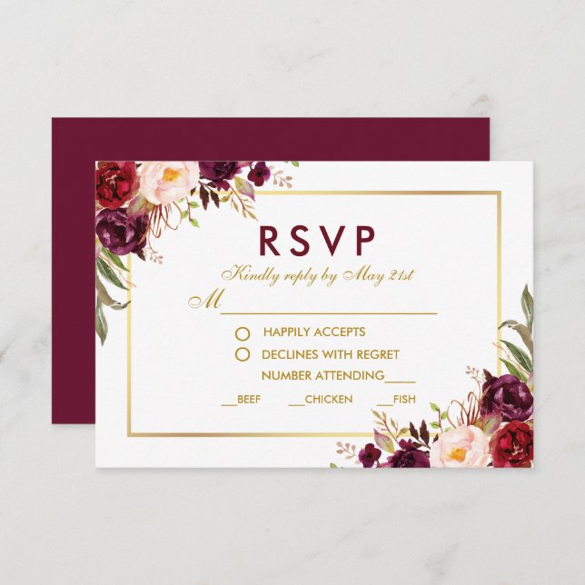 Floral Burgundy Gold Wedding Meal RSVP BG (Front/Back)