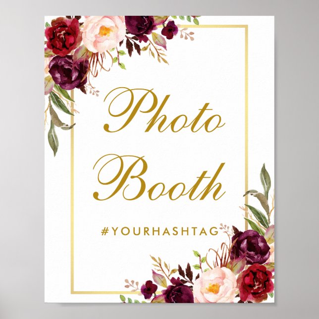 Floral Burgundy Gold Wedding Photo Booth Poster (Front)