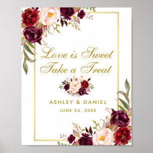 Floral Burgundy Gold Wedding Treat Poster