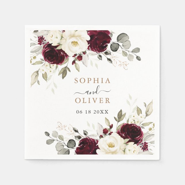Floral Burgundy Greenery Gold Personalised Wedding Napkin (Front)