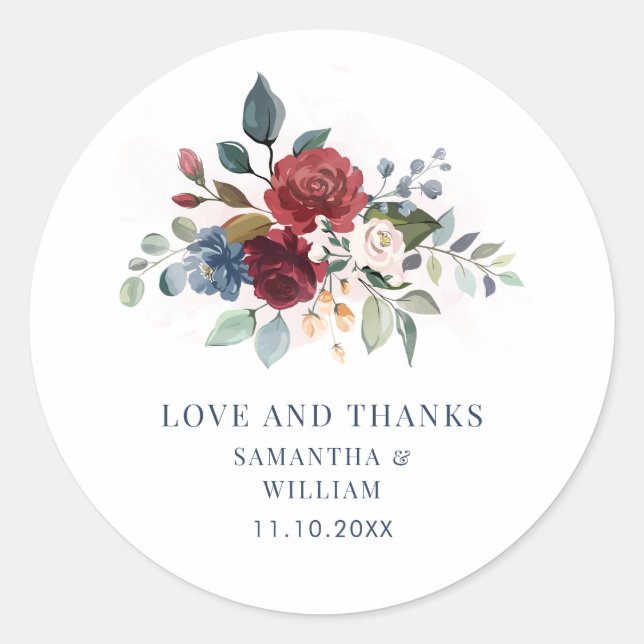 Floral Burgundy Greenery Wedding Classic Round Sticker (Front)