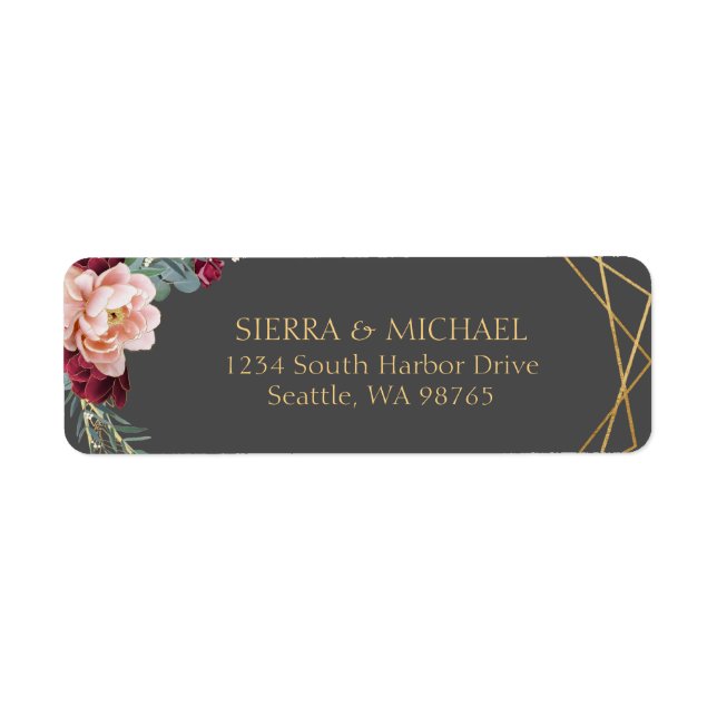 Floral Burgundy Grey Gold Wedding Return Address (Front)