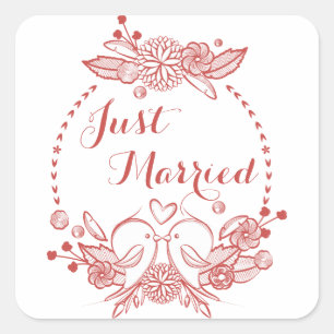 Floral Burgundy Just Married Red Lovebirds Wedding Square Sticker