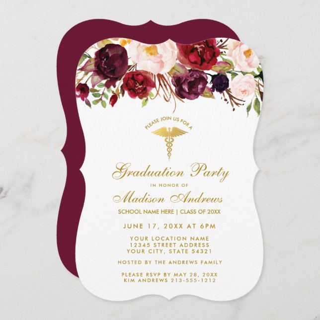 Floral Burgundy Medical Grad Gold Party Invite B (Front/Back)