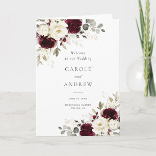 Floral Burgundy Merlot Greenery Folded Wedding Programme