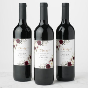 Floral Burgundy Merlot Greenery Wedding  Wine Label