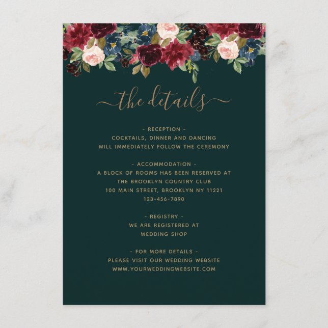 Floral Burgundy Navy Blue Green Jewel Tone Wedding Enclosure Card (Front)
