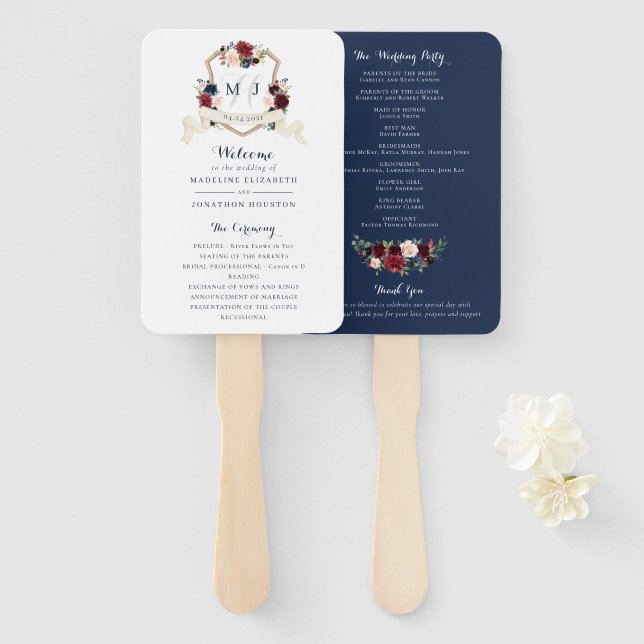 Floral Burgundy Navy Blue Greenery Elegant Crest Hand Fan (Front and Back)