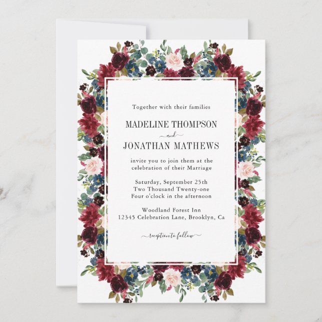 Floral Burgundy Navy Blue Square Border Wedding Invitation (Front)