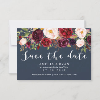 Floral Burgundy Navy Save the Date Card