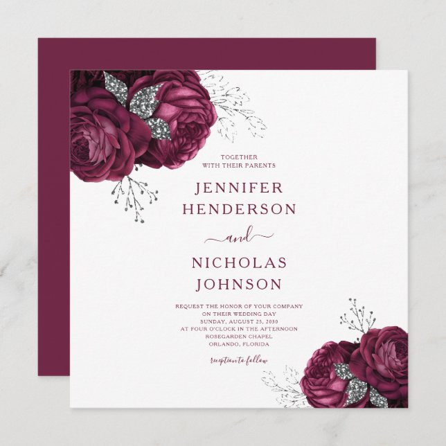 Floral Burgundy Peonies Elegant Wedding Invitation (Front/Back)