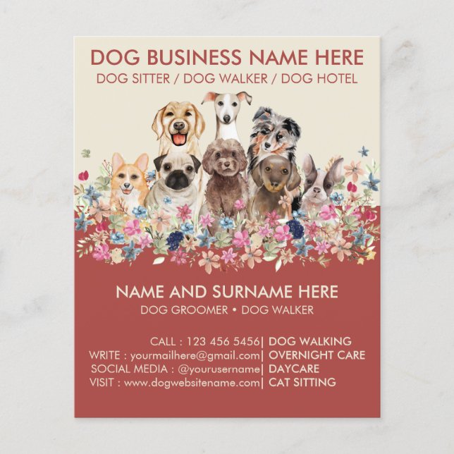 Floral Burgundy Pet Sitter Boarding Groomer Dogs Flyer (Front)