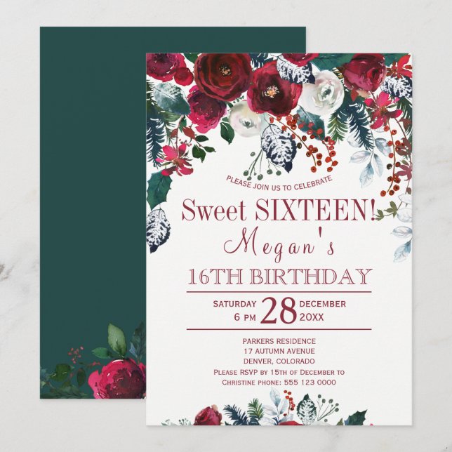 Floral burgundy pine green winter sweet sixteen invitation (Front/Back)