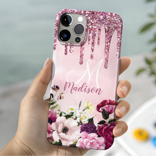 Floral Burgundy pink dripping glitter monogram