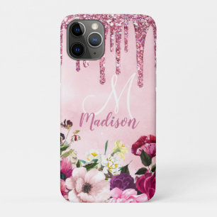 Floral Burgundy pink dripping glitter monogram Case-Mate iPhone Case