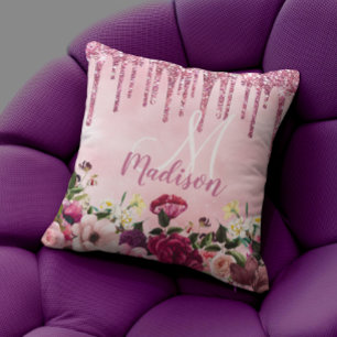 Floral Burgundy pink dripping glitter monogram Cushion