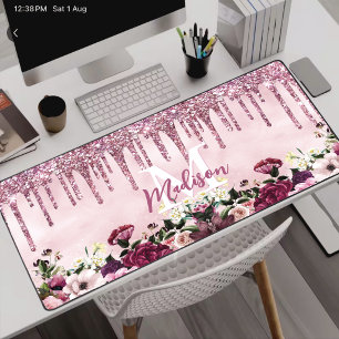 Floral Burgundy pink dripping glitter monogram Desk Mat
