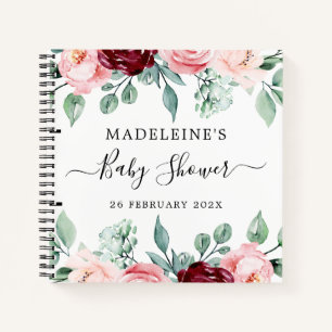 Floral Burgundy Pink Elegant Baby Shower Guestbook Notebook