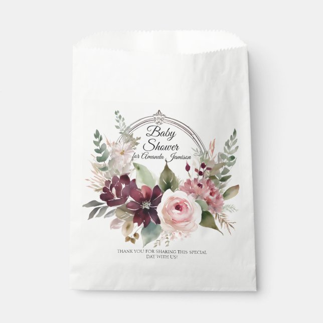 Floral Burgundy Pink Fall Baby Pink Girl Shower Favour Bags (Front)
