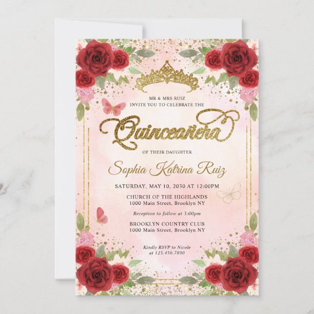 Floral Burgundy Pink Gold Crown Quinceañera Invitation (Front)