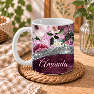 floral Burgundy pink silver faux glitter monogram Coffee Mug